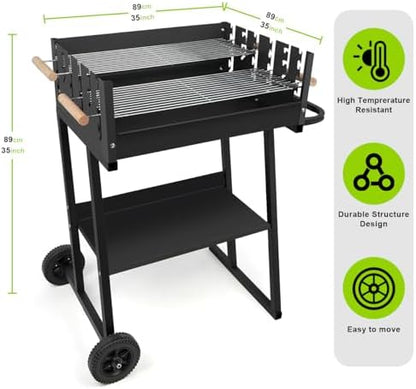 Portable Charcoal Grill, Skewer Charcoal Grill with wheels for Outdoor Cooking Camping Garden