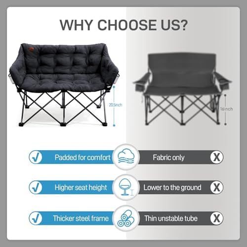 EVER ADVANCED Double Camping Chair for Adults, Padded Folding Camping Loveseat Bench with Side Pocket Portable Camping Couch, Two Person Heavy Duty Outdoor Chair with Cushion,Support 600lbs, Black
