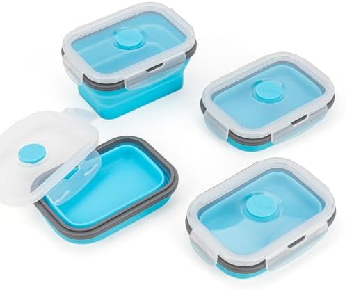 Collapsible Food Storage Containers with Lids & Vent, 11.8 oz, Kitchen Stacking Silicone Collapsible Meal Prep Container Set for Leftover, Microwave Freezer Dishwasher Safe, Blue Small 4 Pack