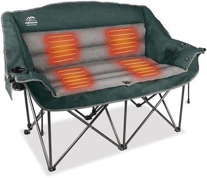 Heated Double Camping Chairs,3 Heat Levels Padded Portable Loveseat w/Wine Glass Holder,Cup Holder,Heating Outdoor Camp Couch Support 600 Lbs,Dark Green,Battery NOT Included