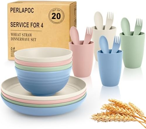 Wheat Straw Dinnerware Sets 20 PCS Service for 4, Unbreakable Kitchen Plates and Bowls Sets, Microwave Dishwasher Safe Dish Set, Outdoor Camping, RV, Apartment Essentials - Colorful