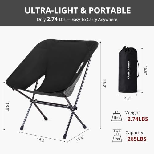 CAMEL CROWN Portable Camping Chair Lightweight Compact Folding Chair Mesh for Outdoor Camp Travel Beach Picnic Festival Hiking Backpacking (Black-1, 1 Pack)