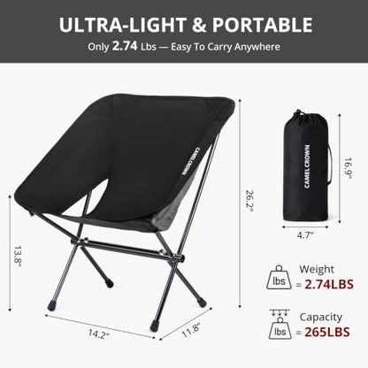 CAMEL CROWN Portable Camping Chair Lightweight Compact Folding Chair Mesh for Outdoor Camp Travel Beach Picnic Festival Hiking Backpacking (Black-1, 1 Pack)