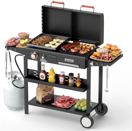 Bestfire Dual Fuel Gas & Charcoal Grill Combo, 327 Sq.In Propane Flat Top Griddle w/Cast Iron Griddle, Dual Lids, Side Shelves, Outdoor Griddle for Small Gatherings & Cookouts