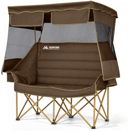 Huskfirm Double Camping Chair with Canopy Shade Folding Heavy Duty Brown