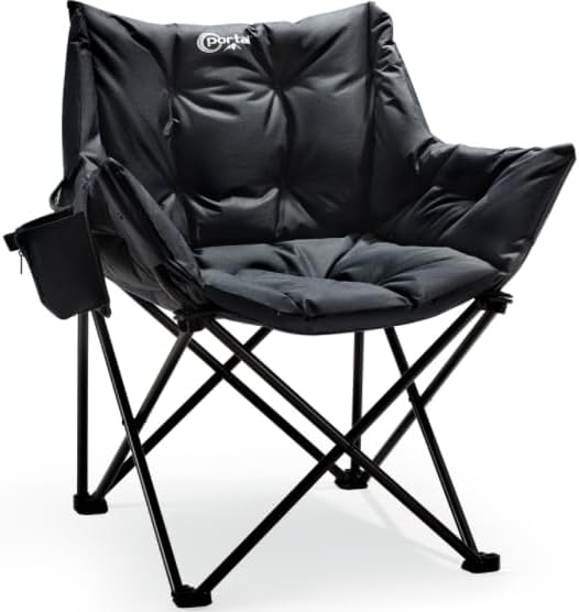 Portal Oversized Padded Camping Chair - Heavy Duty Folding Chair with Cup Holder & Side Pocket, Supports 330 lbs, for Camping, Lawn, Sports, Black