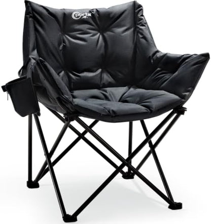 Portal Oversized Padded Camping Chair - Heavy Duty Folding Chair with Cup Holder & Side Pocket, Supports 330 lbs, for Camping, Lawn, Sports, Black