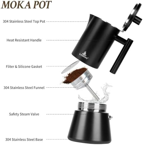 LAOION Stovetop Espresso Maker, 4Cup 6.8 oz Moka Pot, Stainless Steel