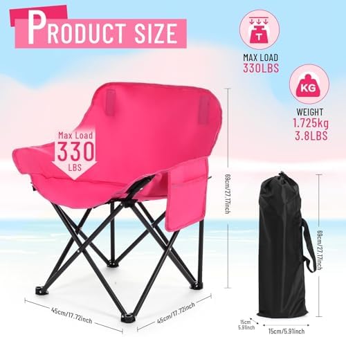 2 Pack Compact Camping Chairs Portable Folding for Outside with Carry Bag Lightweight Moon Chairs for Travel Picnic Hiking Beach Fishing, 600D Oxford, Supports 330lbs(Pink)