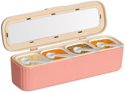 Clear Seasoning Box, 4 Packs Seasoning Rack Spice Pots, Condiment Jars Seasoning Box with Clear Covers and Spoons for Spice, Sugar, Salt, Pepper, Garlic Powder (Pink)