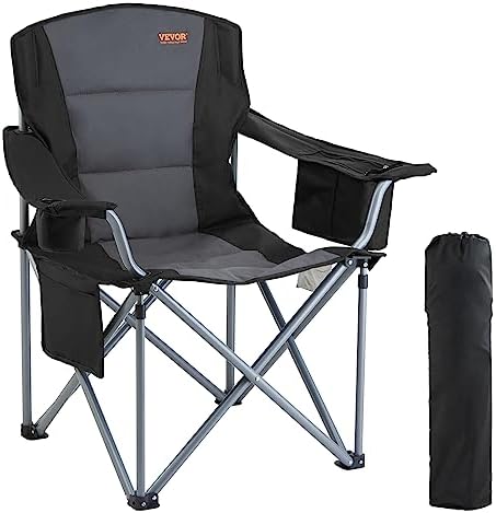 VEVOR Oversized Camping Folding Chair, Portable Heavy Duty Outdoor Quad Lumbar Back Padded with Side Pockets, Cup Holder and Cooler Bag for Beach, Lawn, Picnic, Fishing, Backpacking, Black