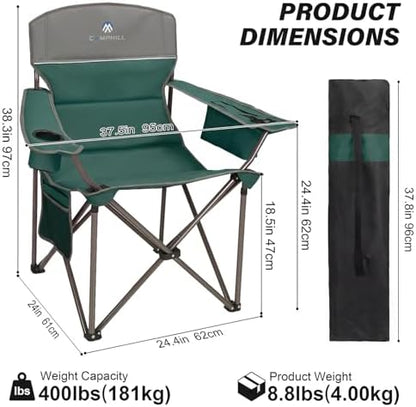 Oversized Camping Chairs 2 Pack - Heavy Duty 400LBS Padded Lawn Chair with Cooler Bag,Cup Holder,Side Pocket,Collapsible for Outdoor,Camp,Fishing & Garden,Dark Green