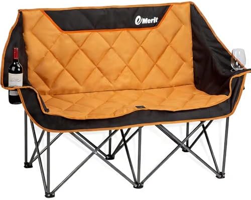 EMERIT Oversized Double Duo Camping Chair Folding Camping Loveseat 2 Person Camping Couch Heavy Duty Lawn Chairs for Outside with Padded Seats & Armrests-Support 650LBS