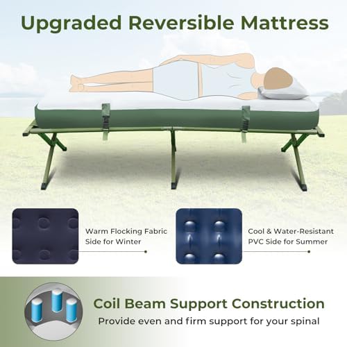 GYMAX Tent Cot, 5-in-1 Folding Camping Cot with Mattress & Pillows, Sleeping Bags, Sunshade, Camping Tent Elevated with Carrying Bag for Outdoor Hiking, Fishing, Picnic (1-Person)