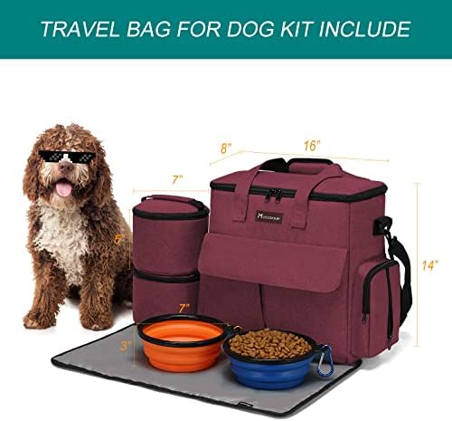 Modoker Weekend Dog Travel Bag with 2 Food Bags, 2 Bowls and Mat,Rose Red