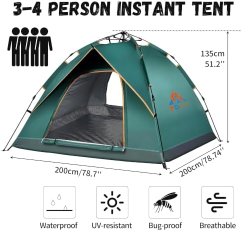 Quick Set Up Waterproof 4-Person Camping Tent with Bug Netting - Instant Pop-Up Tent for Family Camping & Hiking | All-Weather 4-Season Outdoor Shelter
