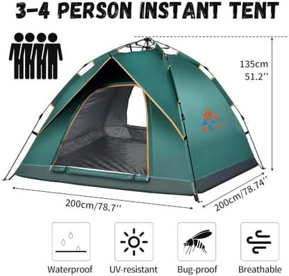 Quick Set Up Waterproof 4-Person Camping Tent with Bug Netting - Instant Pop-Up Tent for Family Camping & Hiking | All-Weather 4-Season Outdoor Shelter