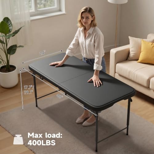 4 FT Folding Table, 3-Position Adjustable Height, Heavy Duty 400 lbs Capacity, Portable Table for Camping, Party, Indoor & Outdoor (Black, 2 Pack)