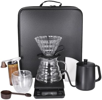SOTECH Pour Over Coffee Maker Set, Coffee Kettle Scale, Pour Over Coffee Dripper, Bean Grinder, Glass Server, Drip Cup, Filter Paper, All in 1, Traveling Camping Hiking