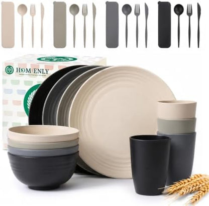 Homienly 28 Pcs Wheat Straw Dishes Sets Plates and Bowls Sets With Utensils