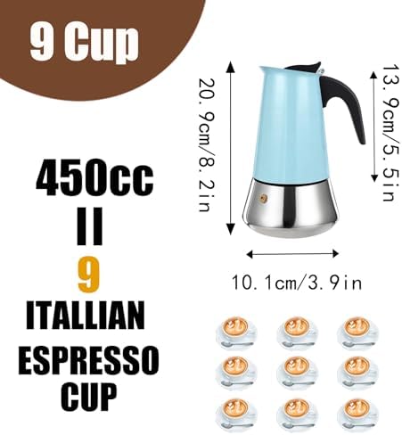 9 Cup Stovetop Espresso Maker Stainless Steel Moka Pot Stove Top Percolator Italian Coffee Makers Capable Mocha Greca Machine Cafe Classic Induction Cookers for Home and Camping 450ml 15oz
