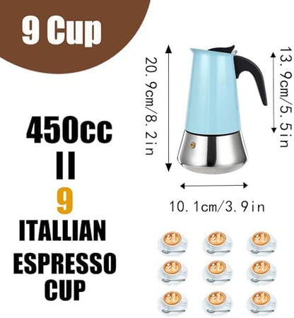 9 Cup Stovetop Espresso Maker Stainless Steel Moka Pot Stove Top Percolator Italian Coffee Makers Capable Mocha Greca Machine Cafe Classic Induction Cookers for Home and Camping 450ml 15oz