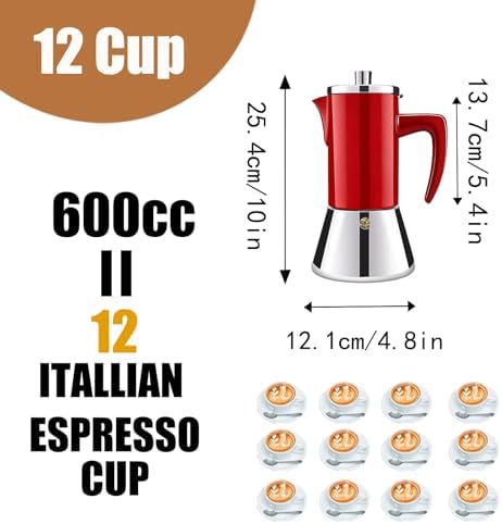 12 Cup Thickened 304 Stainless Steel Moka Pot Stovetop Espresso Maker Cafeteras Italian Percolator Espress Makers Capable Greca Mocha Coffee Machine for Induction Home and Camping 600ml 20oz