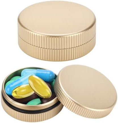 Metal Pill Case, 2Pack Aluminium Small Medication Containers for Pocket Purse, Travel Waterproof Vitamin Organizer Box, Portable Tiny Round Medicine Dispenser Caddy for Camping, Working - Gold