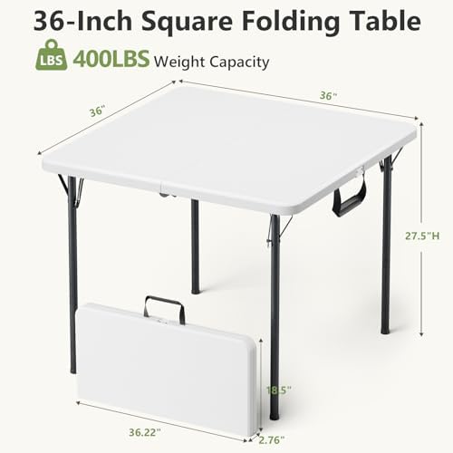 Folding Table 2 Pack, 36 Inch Square Foldable Card Tables, No Assembly Portable Folding Tables, Heavy Duty Fold-in-Half Tables with Carry Handles for Camping, Picnic, Parties, RV Travel & Indoor Use