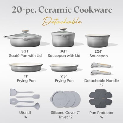CAROTE 20pcs Titanium Cookware Set, Pots and Pans Set Detachable Handle