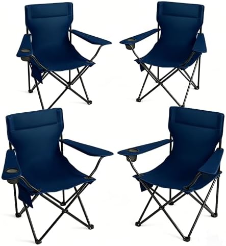 Portable Camping Chair 4 Pack, Folding Outdoor Chair with Cup Holder & Side Pocket for Camping, Hiking, Picnic, Beach (Navy Blue)