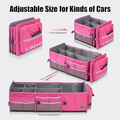 LIBZAKI Oversize 4 in 1 Car Trunk Storage Organizer, Multi Compartment Collapsible Trunk Storage Box with Cooler Bag for Car Truck SUV-Rose red