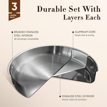 CAROTE 19pcs Tri-Ply Stainless Steel Cookware Set with Detachable Handle