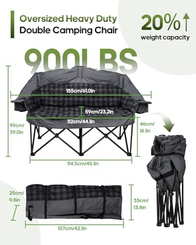 Padded Double Camping Chair Loveseat Oversized Camping Couch, Gray