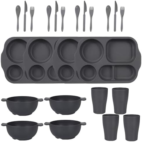 24 Pcs Wheat Straw Dinnerware Cutlery Sets,Unbreakable Divided Plates Bowls Cups Spoon Knife Fork for 4 People,Microwave Dishwasher Safe Tableware Cutlery for Party and Daily Use,Grey