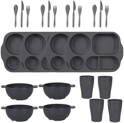24 Pcs Wheat Straw Dinnerware Cutlery Sets,Unbreakable Divided Plates Bowls Cups Spoon Knife Fork for 4 People,Microwave Dishwasher Safe Tableware Cutlery for Party and Daily Use,Grey