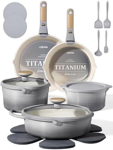 CAROTE 20pcs Titanium Cookware Set, Pots and Pans Set Detachable Handle