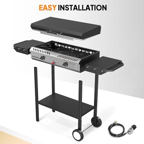 ROVSUN 2 Burner Outdoor Propane Gas Stove with Auto-ignition, Regulator & Shelf, 150,000 BTU Powerful Stand Cooker for Backyard Patio Cooking Home Brewing Canning Turkey Frying