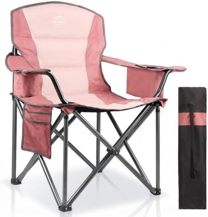 Oversized Padded Camping Chairs for Adults,Heavy Duty Support 400 Lbs,Folding Portable Lawn Chair w/Cup Holder,Cooler Bag,Side Pocket,Perfect for Outdoor Picnic,Hiking(Pink)