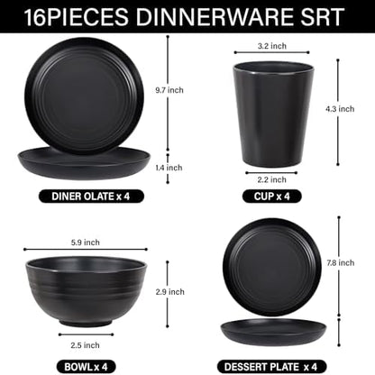 LIYH 16 Pcs Unbreakable Wheat Straw Dinnerware Set for RV & Dorm, Black