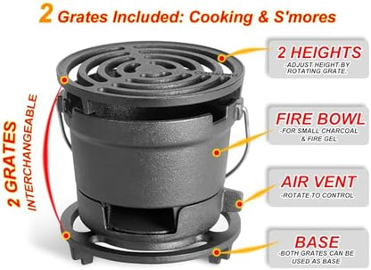 2-in-1 Hibachi Grill & S'mores Maker, 100% Pre-Seasoned Cast Iron, 6.5" Mini Small Portable Charcoal BBQ Grill for Outdoor Camping - 2 Heights, Draft Door