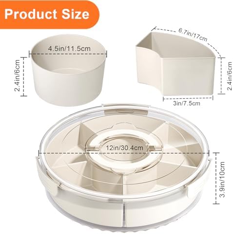 Divided Serving Tray with Lid and Handle, Portable Snackle Box Container for Fruits Snacks Charcuterie Organizer, Spinning Rounded Veggie Tray for Kitchen, Party, Travel and Picnic