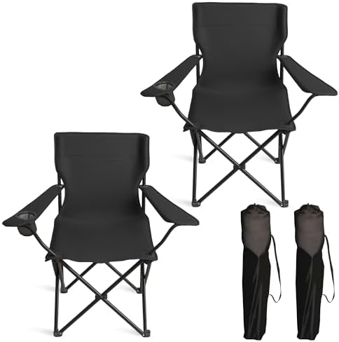 Portable Camping Chair 2 Pack, Folding Outdoor Chair with Cup Holder & Side Pocket for Camping, Hiking, Picnic, Beach (Black, 2 Pack)