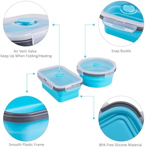 8 Pack Collapsible Food Storage Containers with Lids, Silicone Collapsible Food Containers, Collapsible Storage Containers Sets for Snack Camping RV, Microwave Freezer Dishwasher Safe, Blue