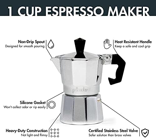 Primula Classic Stovetop Espresso and Coffee Maker, Moka Pot for Italian and Cuban Café Brewing, Greca Coffee Maker, Cafeteras, 1 Espresso Cup, Silver