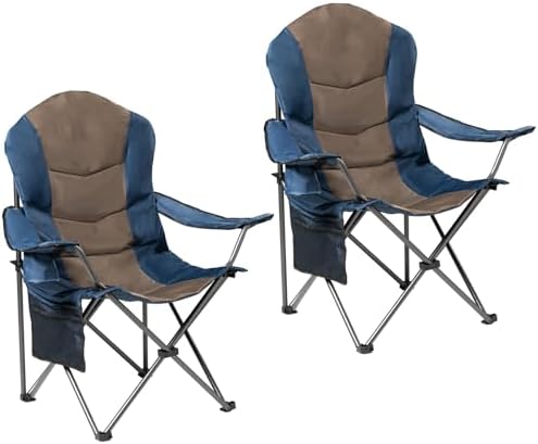 2 Pack Folding Camping Chairs for Adults - High Back Padded Outdoor Lawn Chairs with Lumbar Support & Cup Holder, 400lbs Heavy Duty Portable Camping Chairs Set (Blue & Brown, 2 PCS)