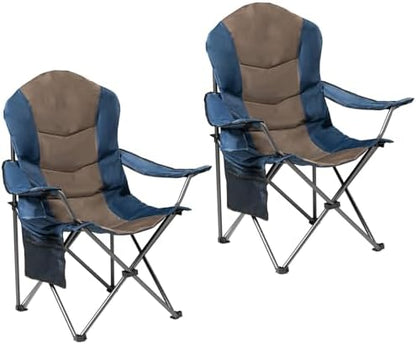 2 Pack Folding Camping Chairs for Adults - High Back Padded Outdoor Lawn Chairs with Lumbar Support & Cup Holder, 400lbs Heavy Duty Portable Camping Chairs Set (Blue & Brown, 2 PCS)