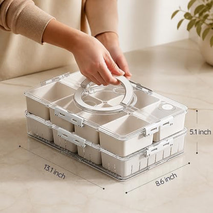 2 Pack Snack Box Container with 8 PP Compartments & 4 Draining Grids, Food Storage Tray with Lid & Handle, Dishwasher Safe, Portable Organizer for Picnic, Travel, Party