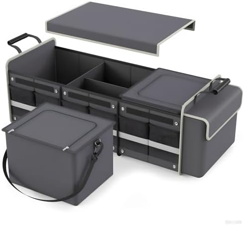 Large Trunk Organizer for SUV with Premium Portable Cooler Bag, Car Organizers and Storage with Foldable Cover, Collapsible Car Trunk Organizer for Truck, Adjustable Securing Straps, 90L+20L, Gray-C