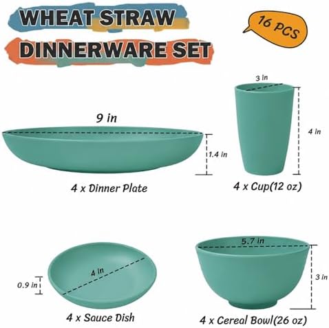Unbreakable Wheat Straw Dinnerware Set 16 PCS - Plates and Bowls Set for 4,Dishwasher & Microwave Safe Lightweight Plates and Bowls Set for Party Camping Kitchen - Green